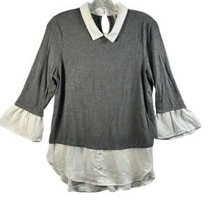 ELLE Women Gray‎ White Layered Collared 3/4 Sleeve Shirt Top Size S
